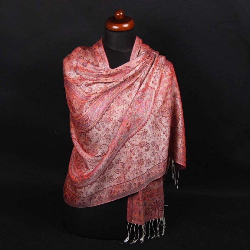 Šála z viskózy a hedvábí bílo-fialovo-oranžová