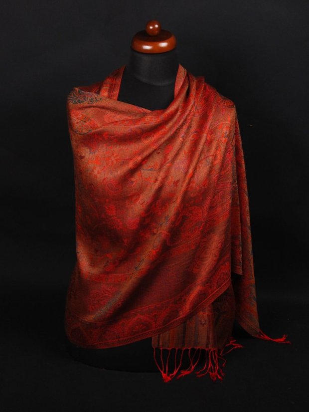 Schal aus Viskose und Seide rot mit Dunkelgrün