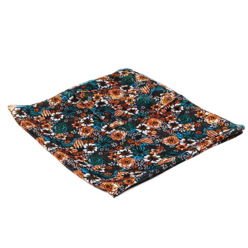 Hedvábná šála s potiskem velká černá s oranžovou a tmavě zelenou