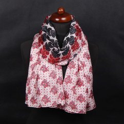 Hedvábná šála s potiskem velká bílo-tmavě červeno-černá