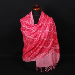 Kašmírská vlněná šála Jate M růžová s tmavě růžovou výšivkou