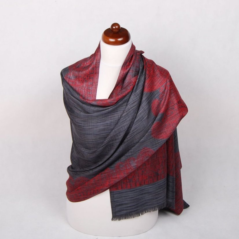 Schal aus Viskose und Seide mit Ornamenten Tsering dunkelgrau mit Rot