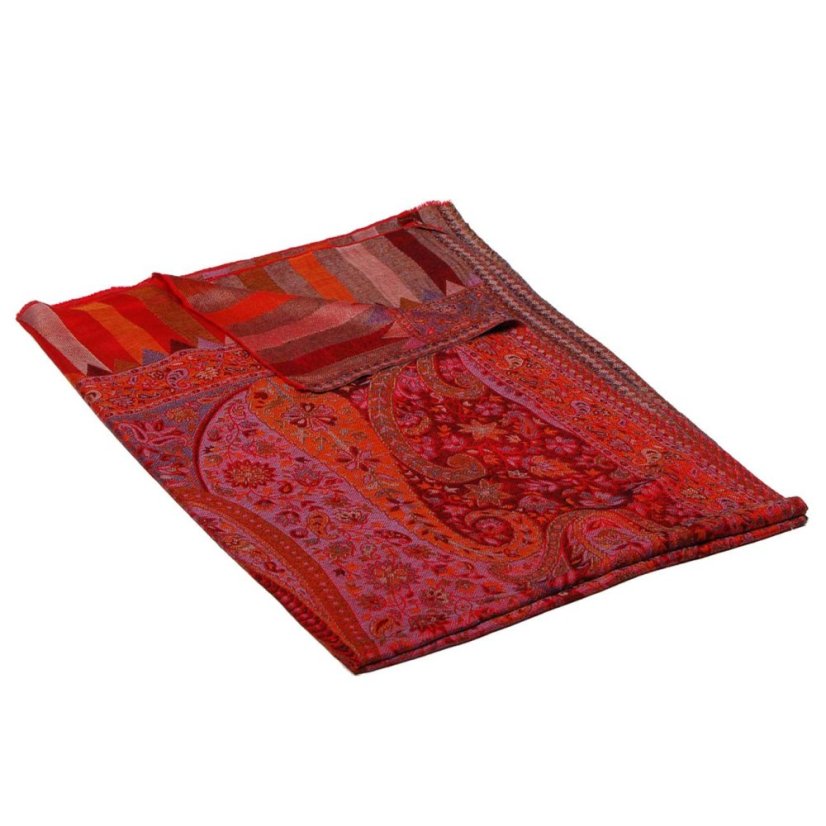 Schal aus Viskose und Seide Khani Jamawar rot mit Gelb und Grau