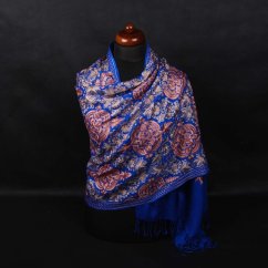 Kašmírská vlněná šála vyšívaná hedvábím modrá s hnědou