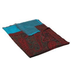 Kašmírská vlněná pašmína Khani Jamavar exclusive Kalsang s červenou, tmavě šedou a tyrkysovou