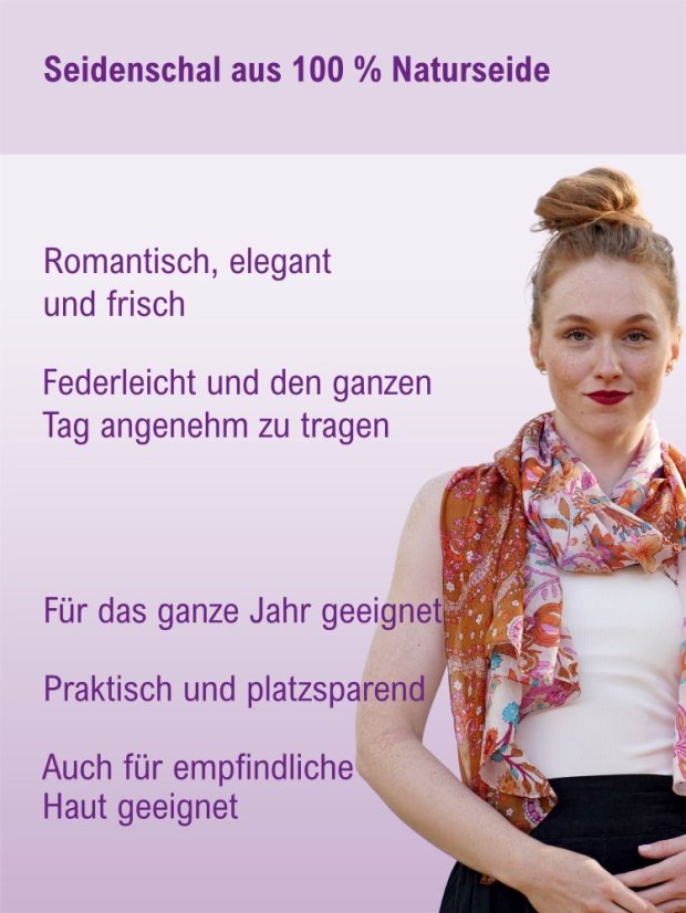 Großer Seidenschal mit Blumenmuster weiß mit Braun und Lila