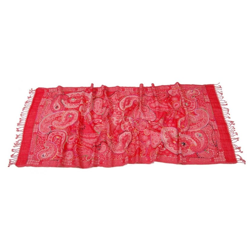 Šál z merino vlny s vyšívaním červeno-ružový so smotanovou farbou