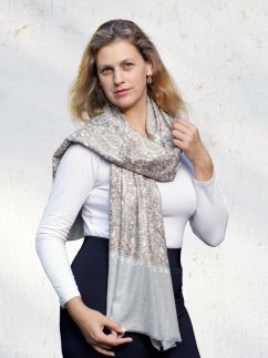 Kaschmirische Pashmina hellgrau mit Seide-Stickerei in Hellbraun