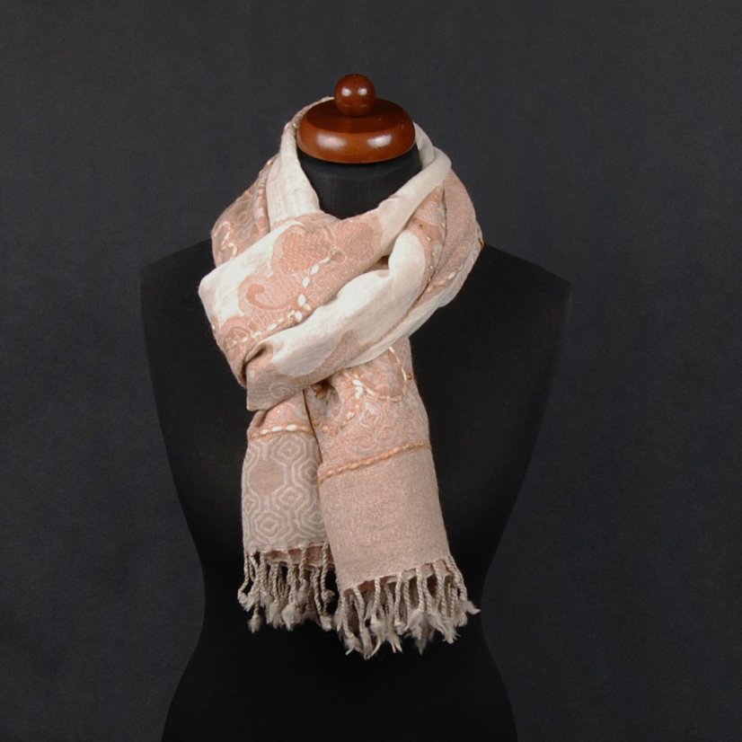 Šála z merino vlny s vyšíváním Kalsang světle hnědo-smetanová