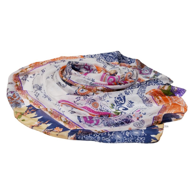 Großer Seidenschal für Damen mit Blumenmuster,  weiß mit Dunkelblau