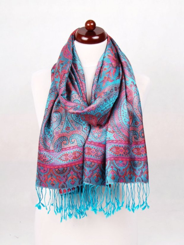 Hedvábná šála Super velká tyrkysová s magentou