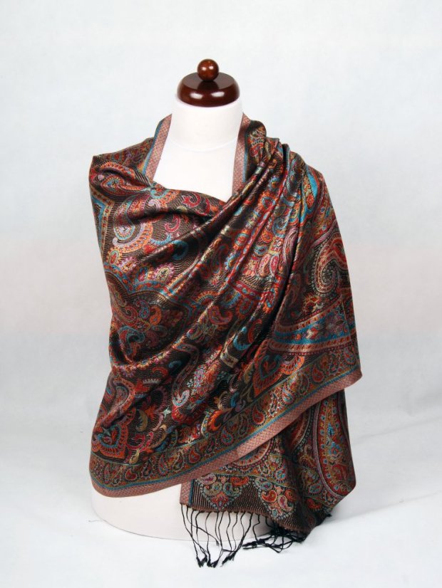 Hodvábny šál Super veľký čierny s červenou a tyrkysovou