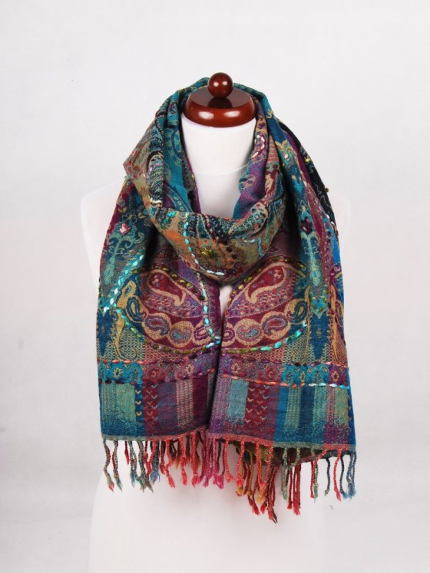 Šál z merino vlny s vyšívaním mnohofarebný s tyrkysovou farbou