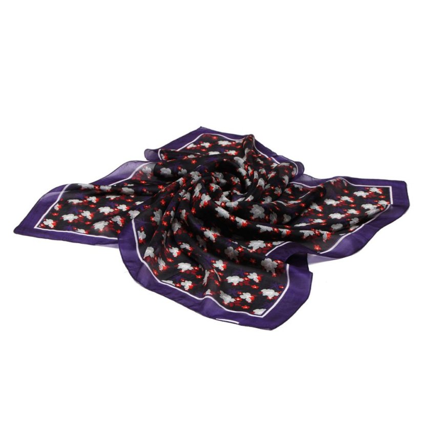 Hedvábný šátek s potiskem černý s tmavě fialovomodrou a červenou