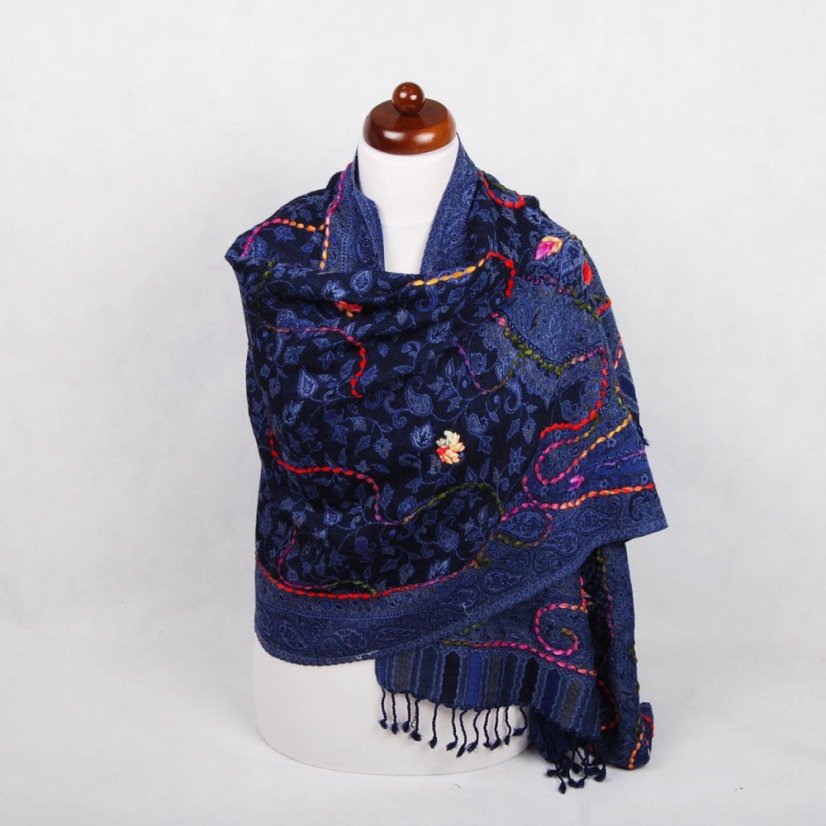 Šála z merino vlny s vyšíváním Kalsang tmavě modrá