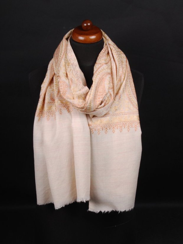 Kašmírsky vlnený šál vyšívaný hodvábom svetlobéžový so zlatou a svetlohnedou farbou