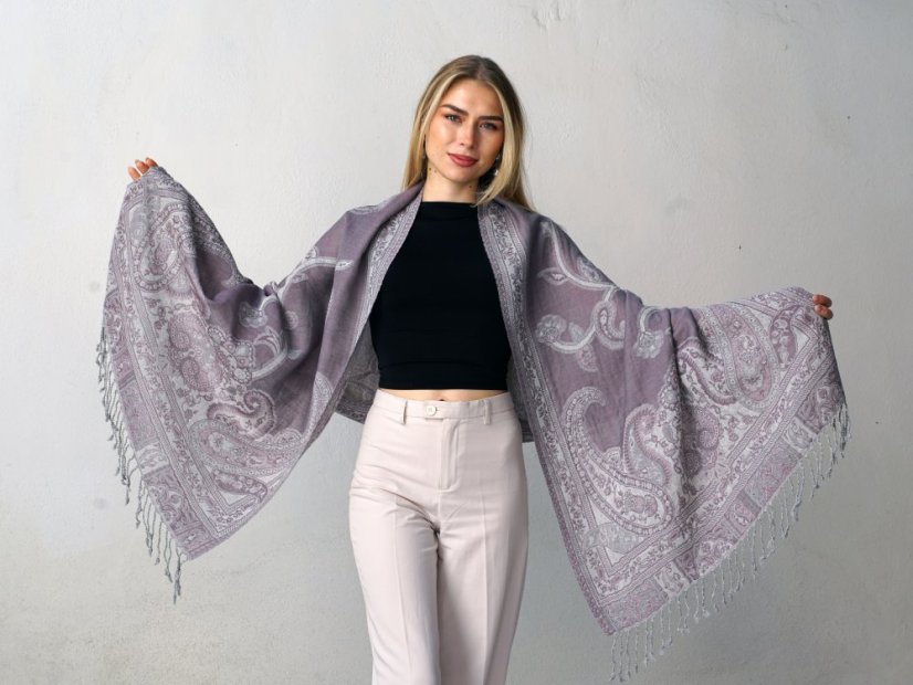 Šála z merino vlny šedofialovo-smetanová