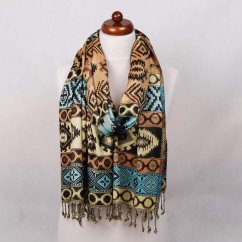 Šála z viskózy vícebarevná s hnědou a světle tyrkysovou