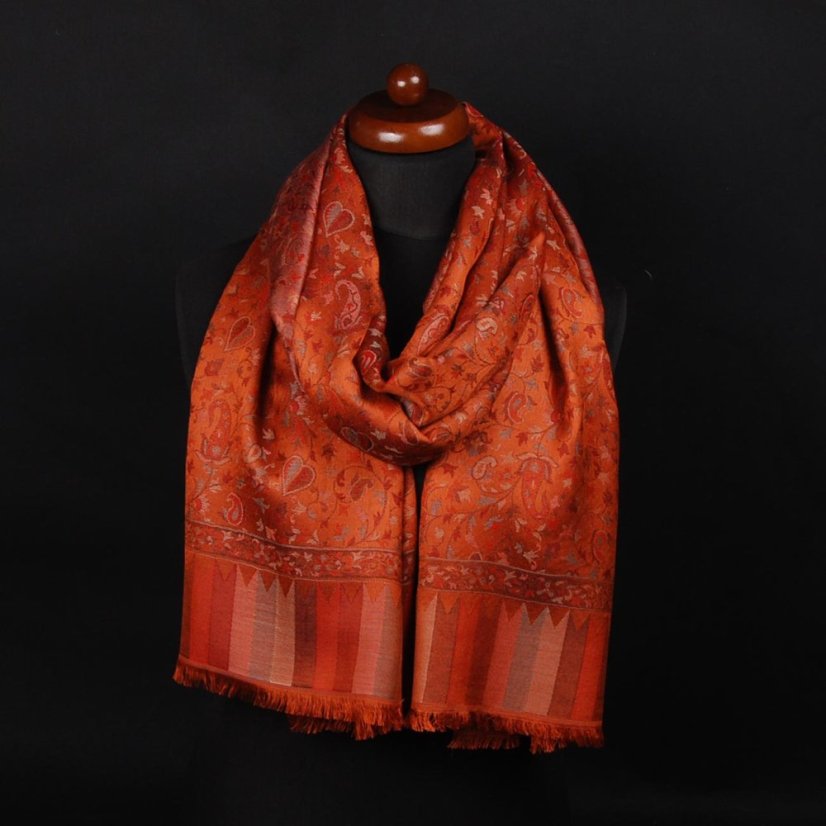 Schal aus Viskose und Seide Khani Jamawar in Kupfer-Farbe mit Rot