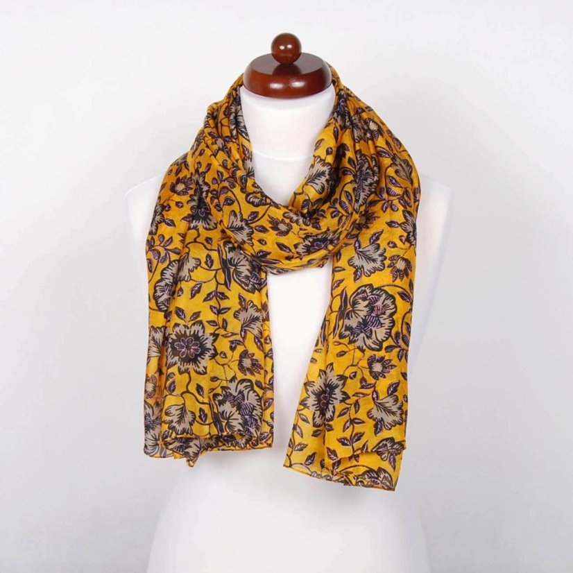 Hedvábná šála s potiskem velká tmavě žlutá