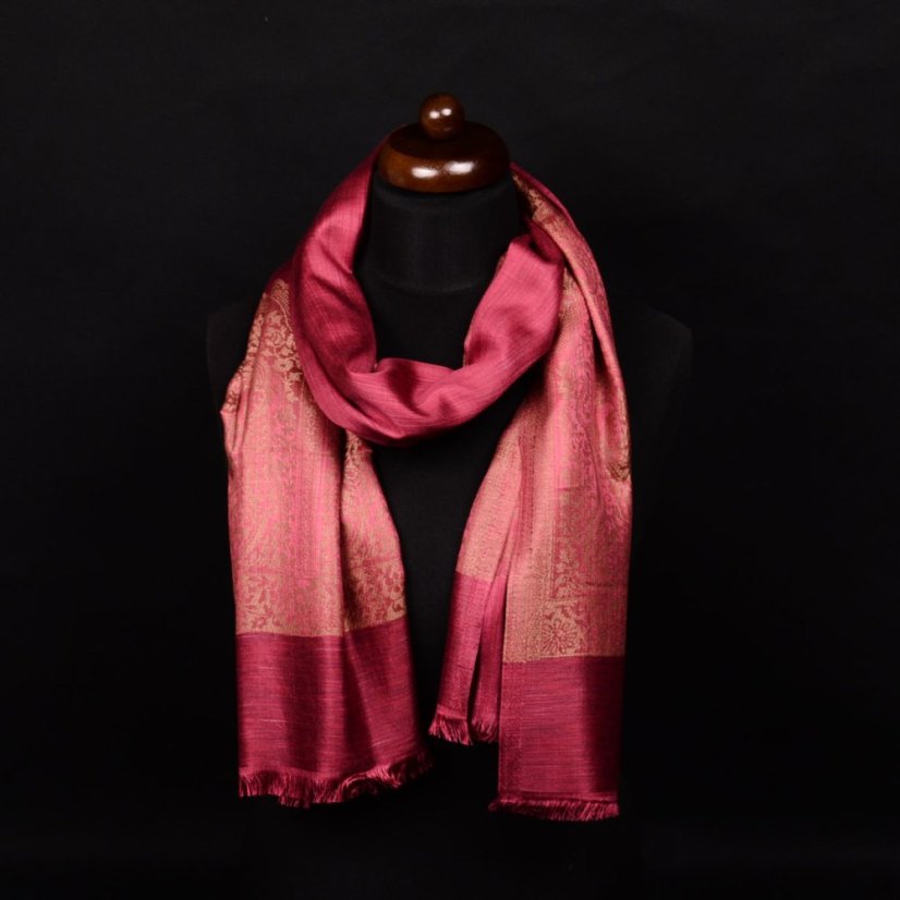 Šál z viskózy a hodvábu s ornamentmi tmavočervený so zlatou farbou