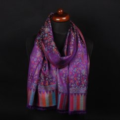 Šála z viskózy a hedvábí Khani Jamavar tmavě fialová s tyrkysovou