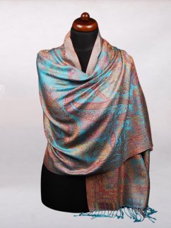 Hodvábny šál Super veľký Lhamo tyrkysový s ružovou farbou