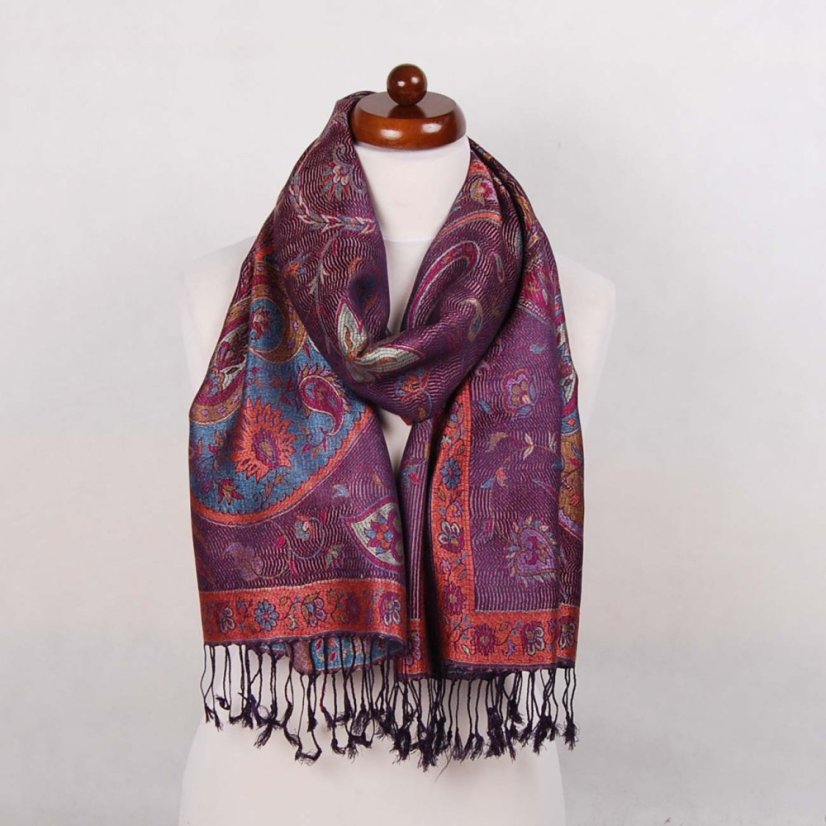 Hodvábny šál Super stredný tmavofialový s magentou a žltou