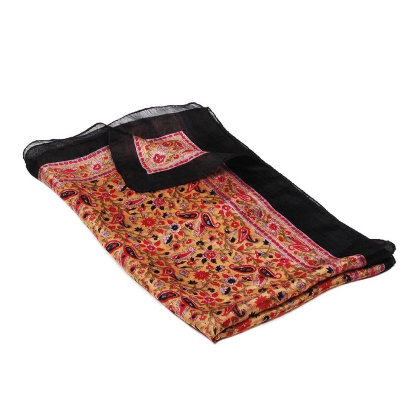 Hedvábná šála s potiskem světle oranžová s červenou a černou