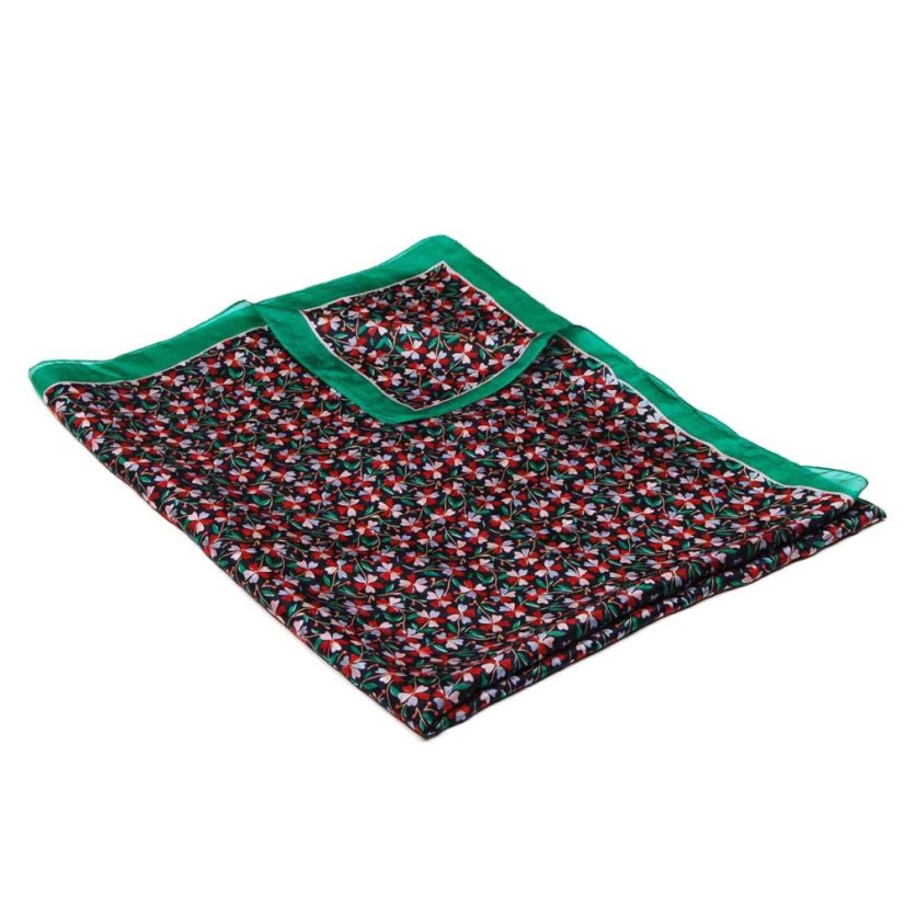 Hedvábná šála s potiskem velká černomodrá s červenou a zelenou