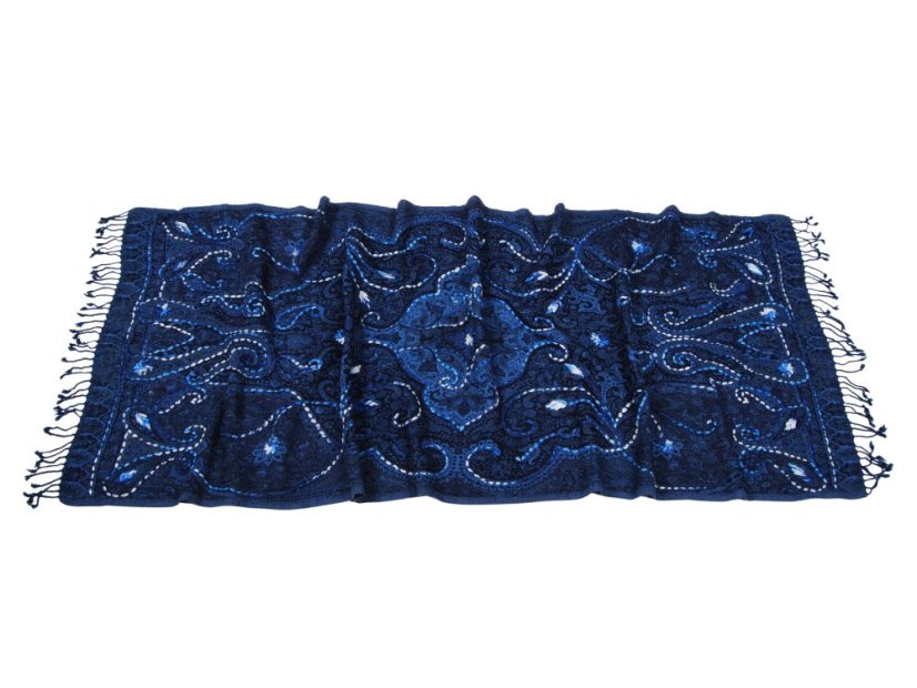 Schal aus Merinowolle handgestickt blau mit Schwarz