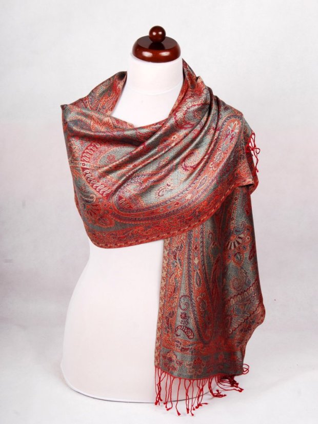 Hedvábná šála Super Tenzin červená s tyrkysovou