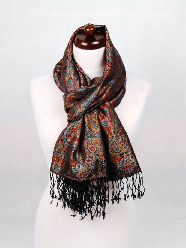 Hodvábny šál Super veľký čierny s červenou a tyrkysovou