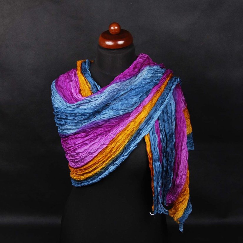 Seiden-Knitterschal graublau-goldfarben-lila