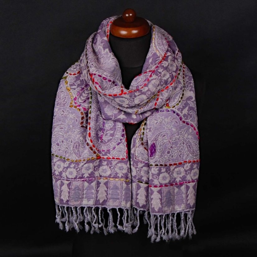 Šál z merino vlny s vyšívaním šedofialový