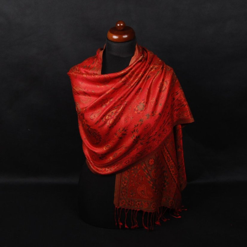 Hodvábny šál Super stredný Tsewang červený so zelenou farbou