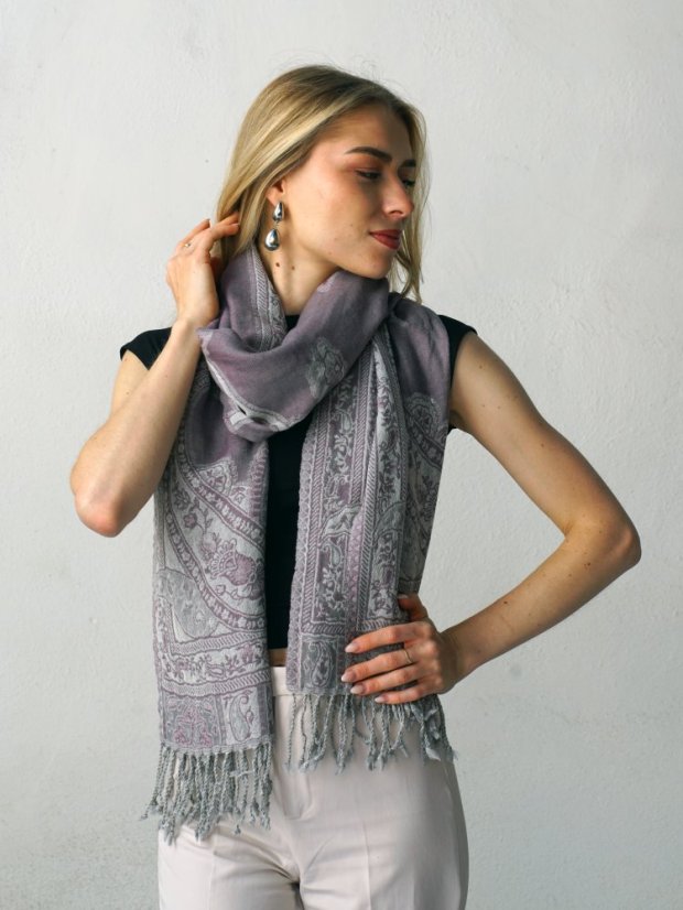 Šála z merino vlny šedofialovo-smetanová
