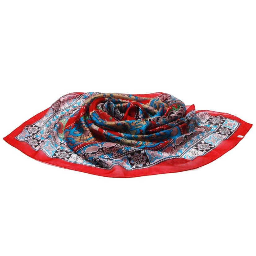 Seidentuch mit Aufdruck mit Rot, Türkis und Graubraun