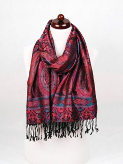 Hedvábná šála Super velká černá s magentou a oranžovou