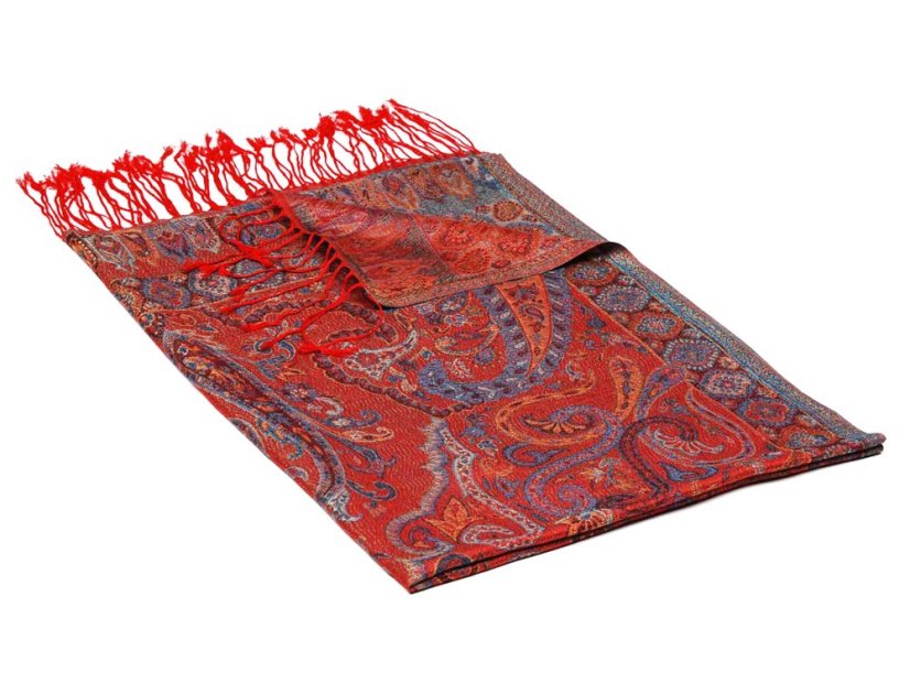 Šála z viskózy a hedvábí červená se světle modrou