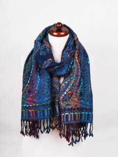 Šála z merino vlny s vyšíváním mnohobarevná s modrou