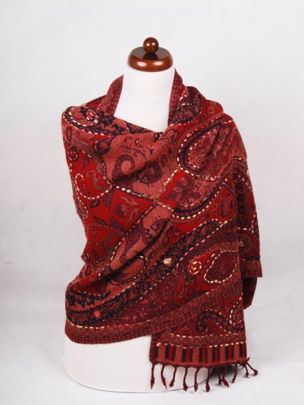 Šál z merino vlny s vyšívaním tmavočervený s čiernou farbou