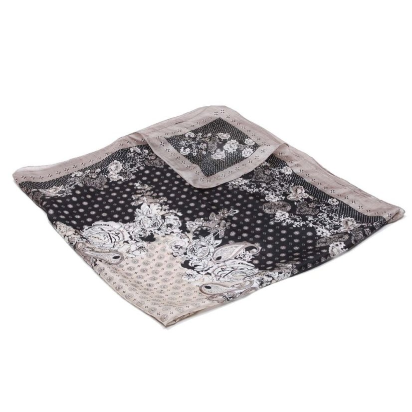 Hedvábný šátek s potiskem černo-šedo-béžový