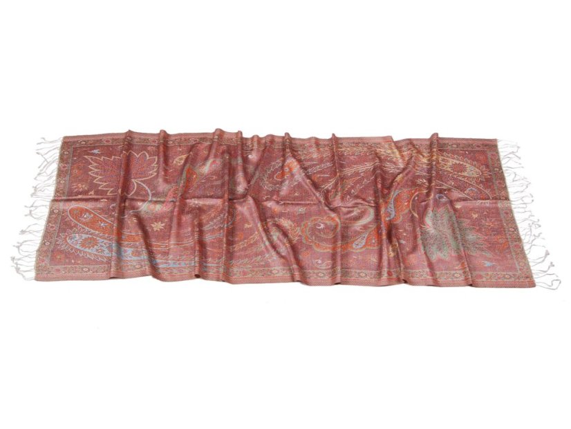 Hodvábny šál Super stredný Tsering smotanový s červenou a svetlomodrou farbou