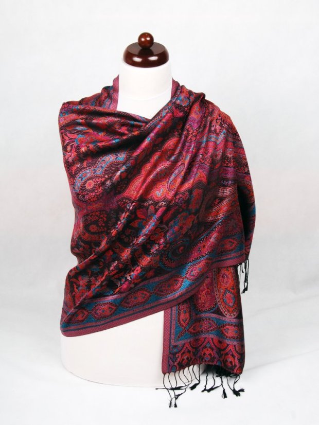 Hedvábná šála Super velká černá s magentou a oranžovou