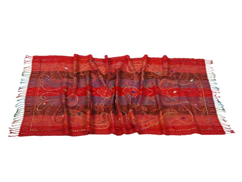 Schal aus Merinowolle handgestickt mehrfarbig mit Rot