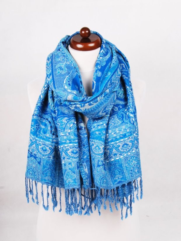 Šál z merino vlny s vyšívaním tyrkysovo-modrý