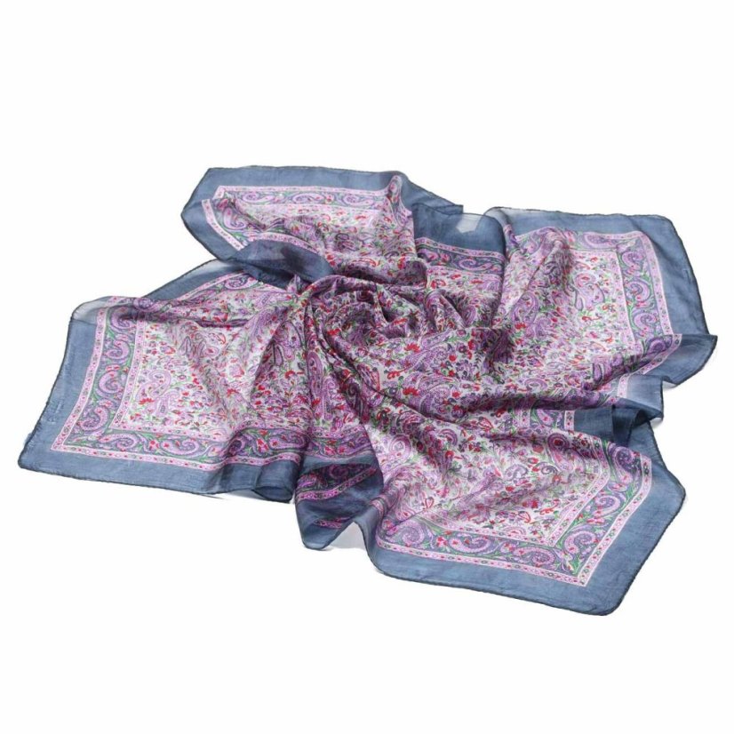 Hedvábný šátek s potiskem šedý s fialovou