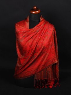 Šála z viskózy a hedvábí červená s tmavě zelenou