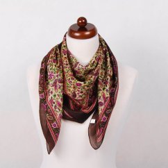 Hedvábný šátek s potiskem tmavě hnědo-světle žlutý s magentou